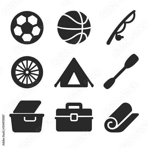 Sports and Hobbies Icons. Solid, filled icons set of sports and hobby gear: soccer ball, basketball icon,