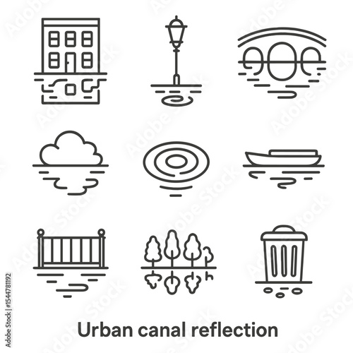 Urban Canal Icons. Outline icon set of urban canal reflections: building facade, lamppost, bridge arch, cloud reflection, water