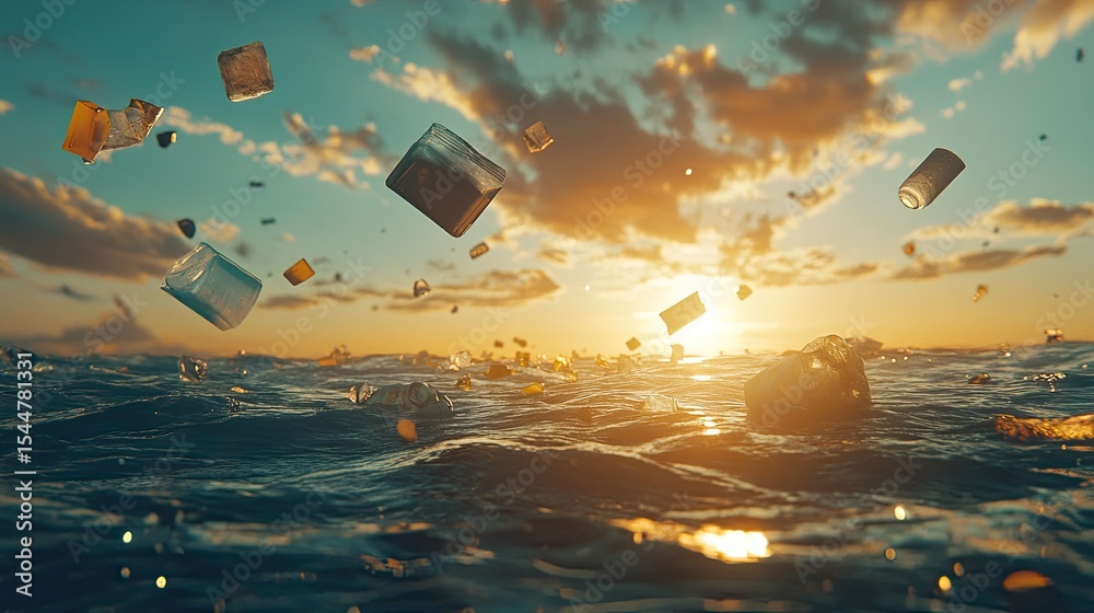 Fototapeta premium Floating Plastic Waste in Ocean Water During Sunset with Environmental Concerns About Pollution and Marine Life Impact