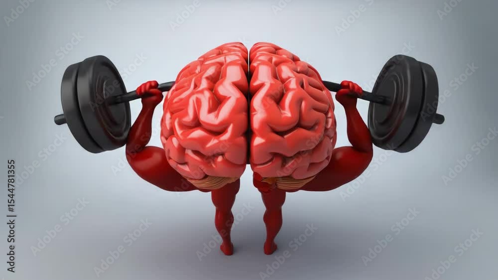 Red digital brain lifting barbell, gray gradient.
