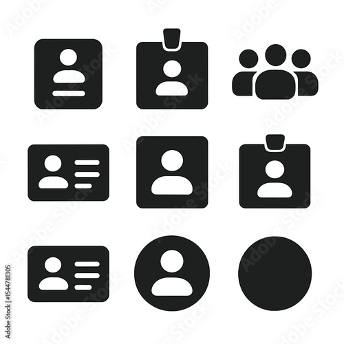 Staff Badge Icons. Solid, filled icons set of staff badges and profiles: name tag, ID badge, team bio,