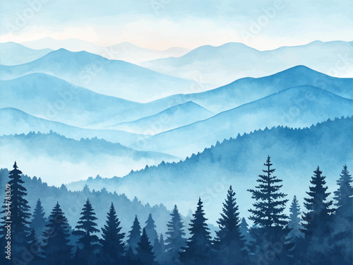 Serene misty forest landscape with tall trees and distant rolling mountains under a calm atmosphere, perfect for nature lovers seeking peaceful and tranquil outdoor scenes