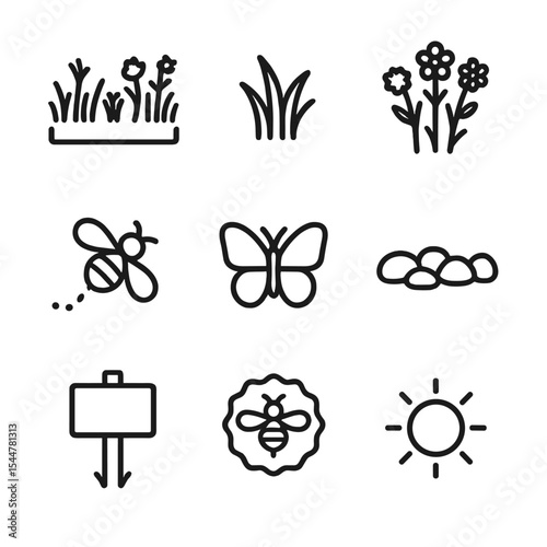 Urban Meadow Icon Set. Outline icon set of urban meadow strips: meadow strip, grass tuft, wildflower bunch, bee flight, butterfly