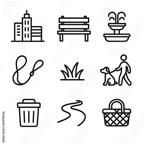 Urban Park Icons. Outline icon set of urban park adventures: city skyline, park bench, water fountain, leash, grass tuft, dog