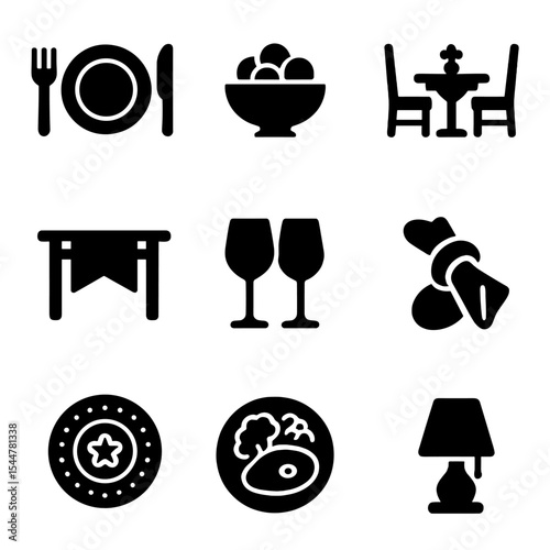 Staged Dining Icons. Solid, filled icons set of staged dining areas: place settings, centerpiece bowl,