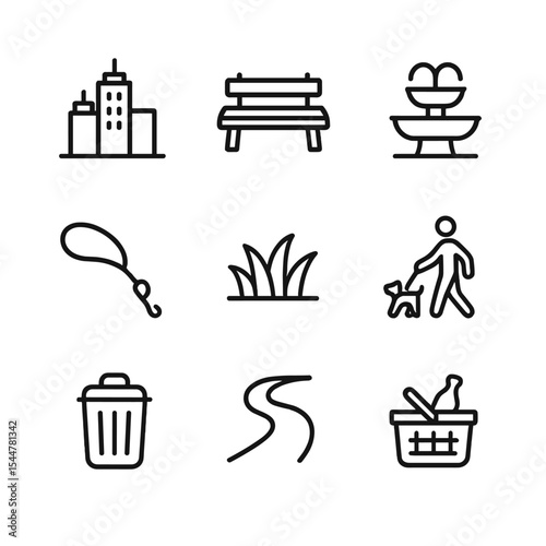 Urban Park Icons. Outline icon set of urban park adventures: city skyline, park bench, water fountain, leash, grass tuft, dog