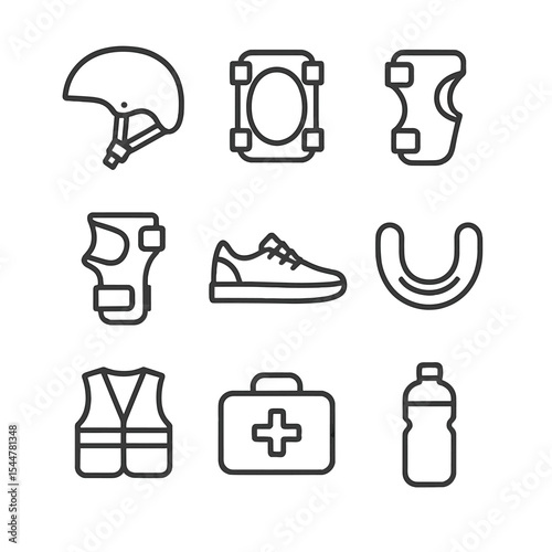 Urban Skateboarding Gear Icons. Outline icon set of safety gear for urban skateboarding: helmet shell, knee pad, elbow guard,
