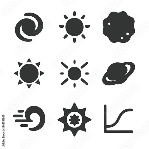 Stellar Evolution Icons. Solid, filled icons set of stellar evolution stages: protostar, main sequence star,