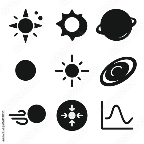 Stellar Evolution Icons. Solid, filled icons set of stellar evolution stages: protostar, main sequence star,
