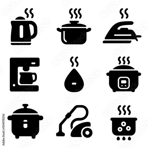 Steam Appliance Icons. Solid, filled icons set of steam generation in appliances: electric kettle, stovetop