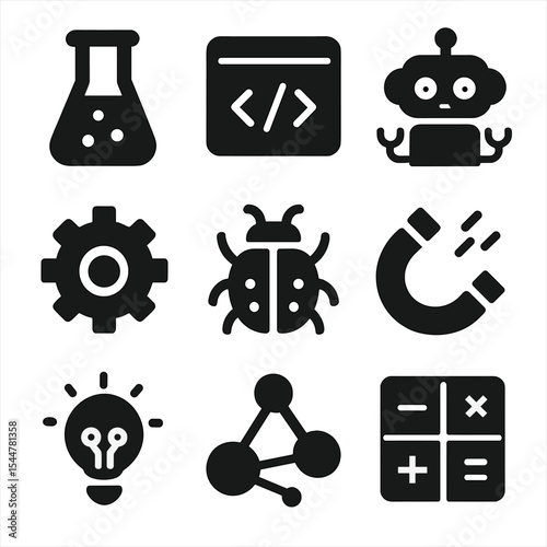 STEM Icon Set. Solid, filled icons set of STEM exploration: lab tube, coding board, fun robot, tiny gear,
