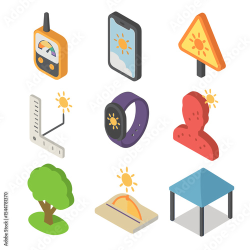 UV Safety Icon Set. Isometric Flat icon set of UV index monitoring and safety: UV index meter, weather app on smartphone, sun