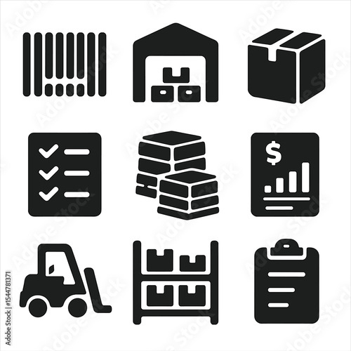 Stock Management Icons. Solid, filled icons set of stock management systems: barcode icon, warehouse icon, box