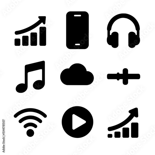 Streaming Growth Icons. Solid, filled icons set of streaming platform growth: chart icon, smartphone,
