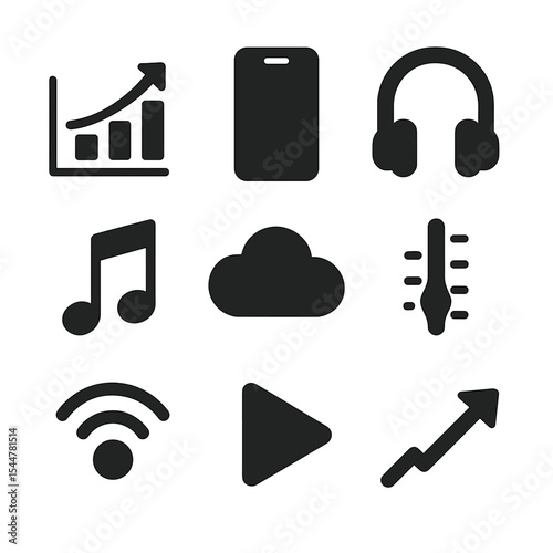 Streaming Growth Icons. Solid, filled icons set of streaming platform growth: chart icon, smartphone,