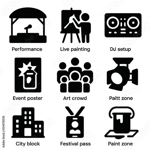 Street Art Festival Icons. Solid, filled icons set of street art festivals: performance stage, live painting,