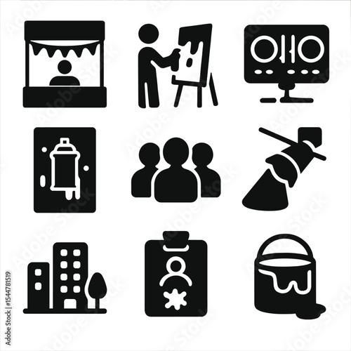 Street Art Festival Icons. Solid, filled icons set of street art festivals: performance stage, live painting,