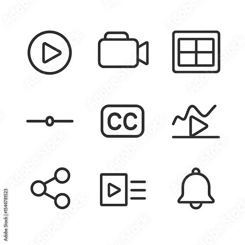 Video Marketing Icons. Outline icon set of video marketing: play button, video camera, storyboard, timeline scrubber, closed