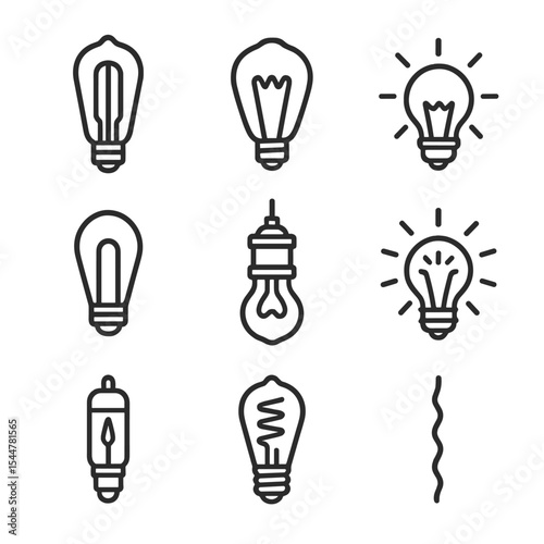 Vintage Bulb Icons. Outline icon set of vintage incandescent bulbs: Edison bulb, filament coil, screw base, glass envelope, warm