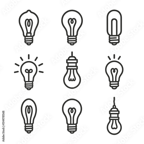 Vintage Bulb Icons. Outline icon set of vintage incandescent bulbs: Edison bulb, filament coil, screw base, glass envelope, warm