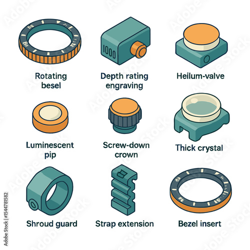 Vintage Dive Watch Icons. Isometric Flat icon set of vintage dive watch features: rotating bezel, depth rating engraving, helium