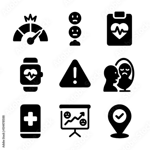Stress Detection Icons. Solid, filled icons set of stress detection and awareness: stress meter, mood tracker,