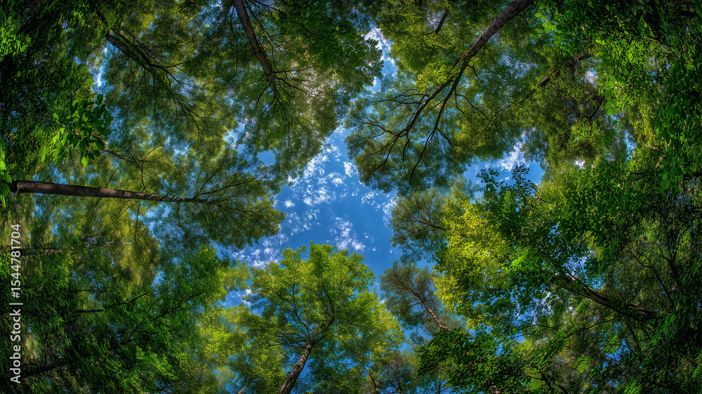Fototapeta premium 木々に囲まれた夏空を見上げて