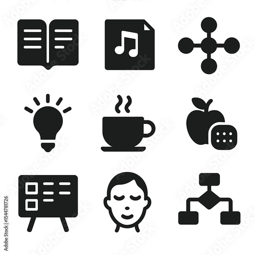Study Habit Icons. Solid, filled icons set of personal study habits: journal page, note icon, mind map, focus