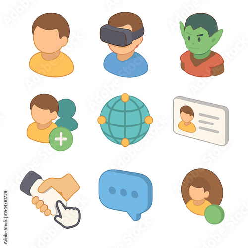 Virtual Community Icons. Isometric Flat icon set of virtual friends and communities: avatar head, VR headset, game avatar, network