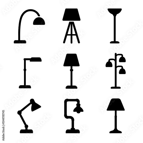 Stylish Lamp Icons Grid. Solid, filled icons set of floor lamp styles: arc lamp, tripod lamp, torchiere lamp,