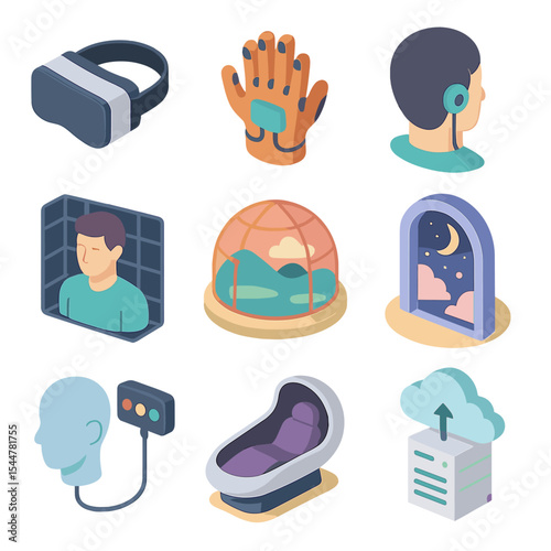 Virtual Reality Icons. Isometric Flat icon set of virtual reality utopia: VR headset, haptic gloves, neural interface port,