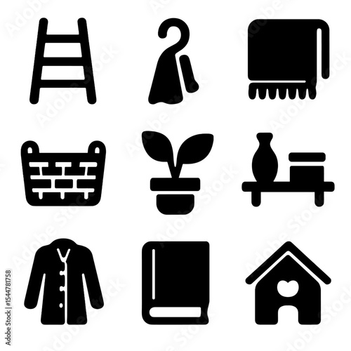 Stylish Storage Icons. Solid, filled icons set of stylish small-space storage: ladder icon, towel hook,