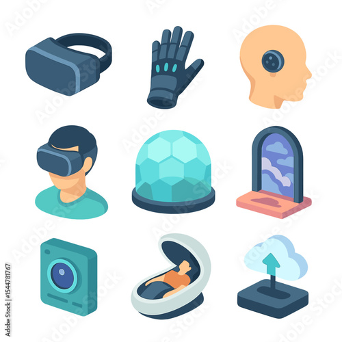 Virtual Reality Icons. Isometric Flat icon set of virtual reality utopia: VR headset, haptic gloves, neural interface port,