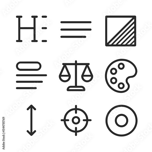 Visual Hierarchy Icons. Outline icon set of visual hierarchy elements: heading size, subheading line, body text block, contrast