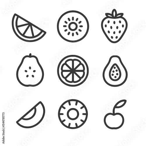 Vitamin C Fruit Icons. Outline icon set of vitamin C fruits: orange wedge, kiwi slice, strawberry, guava, papaya chunk, grapefruit