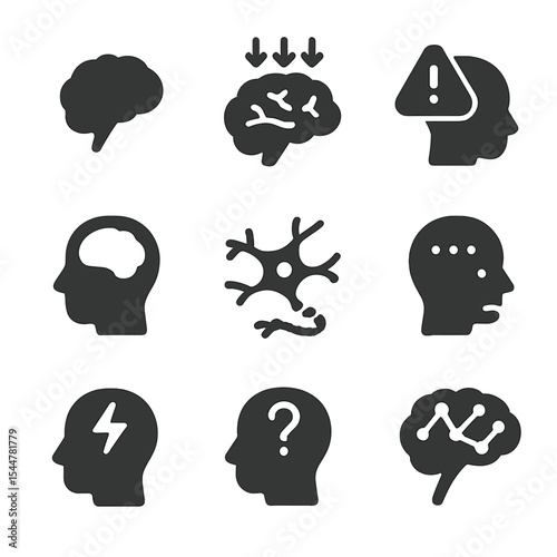 Substance Abuse Icons. Solid, filled icons set of long-term substance abuse effects: brain shrink icon,