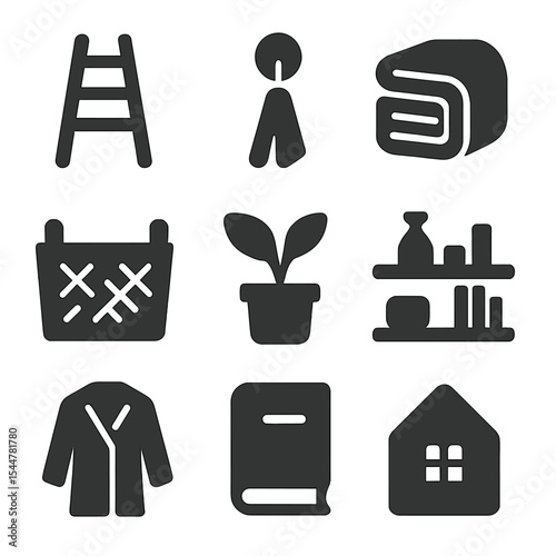 Stylish Storage Icons. Solid, filled icons set of stylish small-space storage: ladder icon, towel hook,
