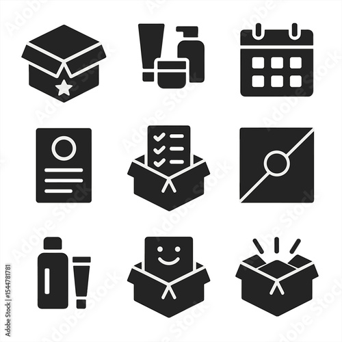 Subscription Box Icons. Solid, filled icons set of subscription box unpacking: themed box, curated items,