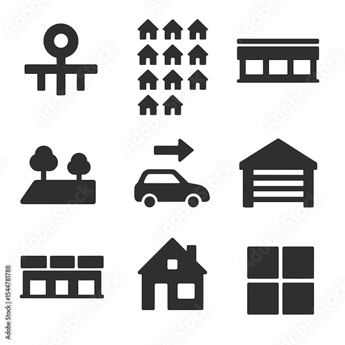 Suburban Expansion Icons. Solid, filled icons set of suburban expansion patterns: cul-de-sac layout, housing