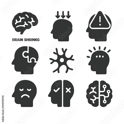 Substance Abuse Icons. Solid, filled icons set of long-term substance abuse effects: brain shrink icon,