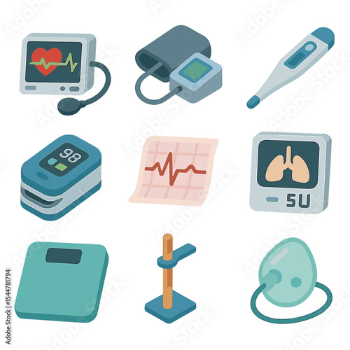 Vital Signs Icons. Isometric Flat icon set of vital signs monitoring: heart rate monitor, blood pressure cuff, digital thermometer