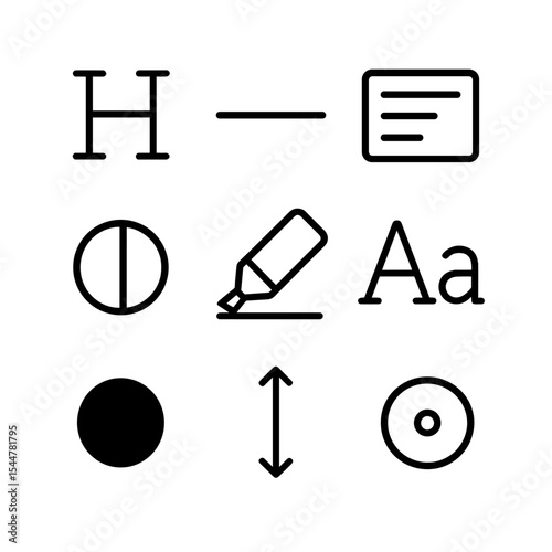 Visual Hierarchy Icons. Outline icon set of visual hierarchy elements: heading size, subheading line, body text block, contrast
