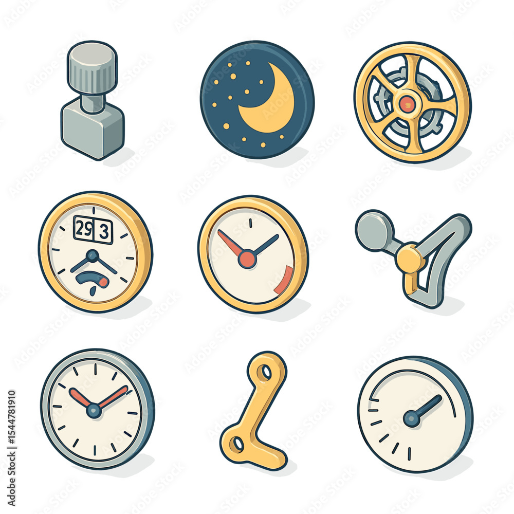 Watch Complication Icons. Isometric Flat icon set of watch complications: chronograph pusher, moon phase disc, tourbillon cage,
