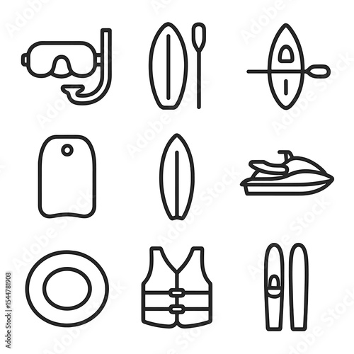 Water Activity Icons. Outline icon set of water activities: snorkeling mask, paddleboard, kayak, boogie board, surfboard, jet ski,