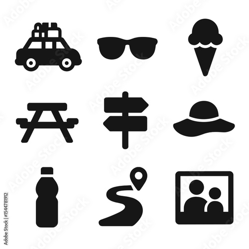 Summer Vacation Icons. Solid, filled icons set of summer vacation travel: packed car, sunglasses, ice cream,