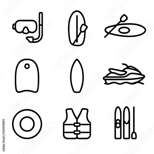 Water Activity Icons. Outline icon set of water activities: snorkeling mask, paddleboard, kayak, boogie board, surfboard, jet ski,