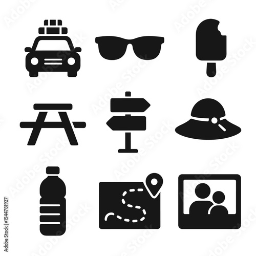 Summer Vacation Icons. Solid, filled icons set of summer vacation travel: packed car, sunglasses, ice cream,