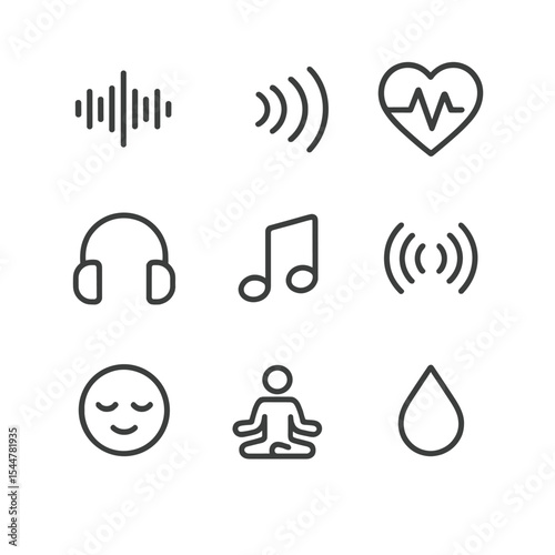 Waterfall Sound Icons. Outline icon set of waterfall sounds and vibes: sound wave, echo lines, heart pulse, headphone, music note,