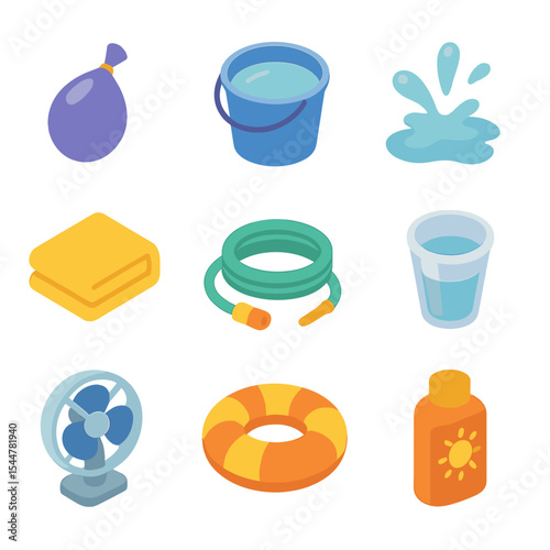 Water Balloon Fun. Isometric Flat icon set of siblings having a water balloon fight: water balloon, water bucket, splash droplets,