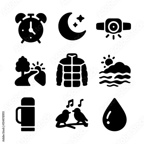 Sunrise Hike Icons. Solid, filled icons set of sunrise hikes: early alarm, moon fade, headlamp icon, sunrise